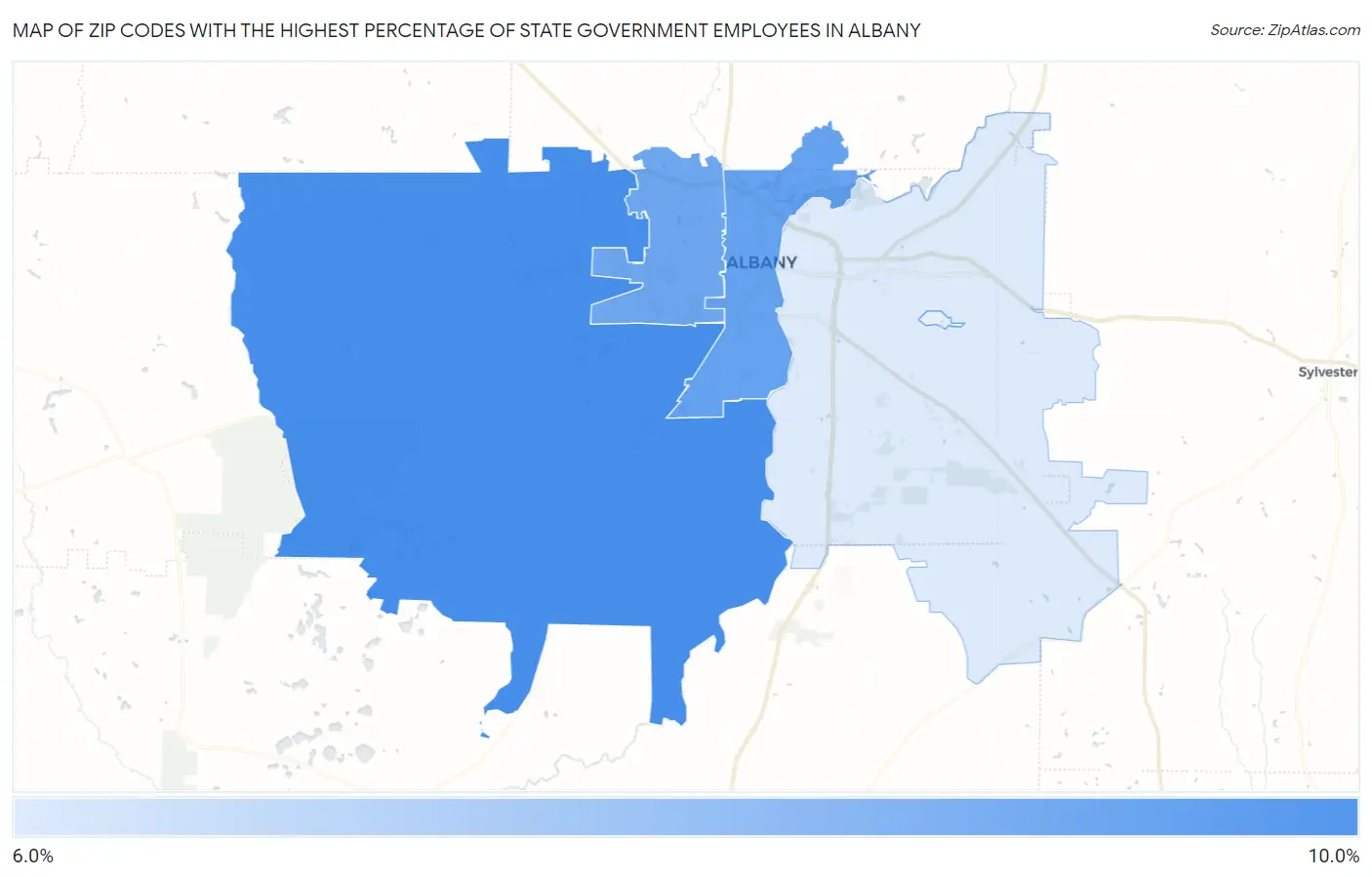 Zip Codes with the Highest Percentage of State Government Employees in Albany Map