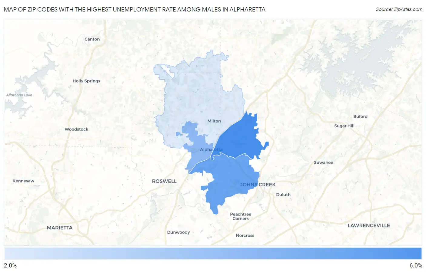 Zip Codes with the Highest Unemployment Rate Among Males in Alpharetta Map