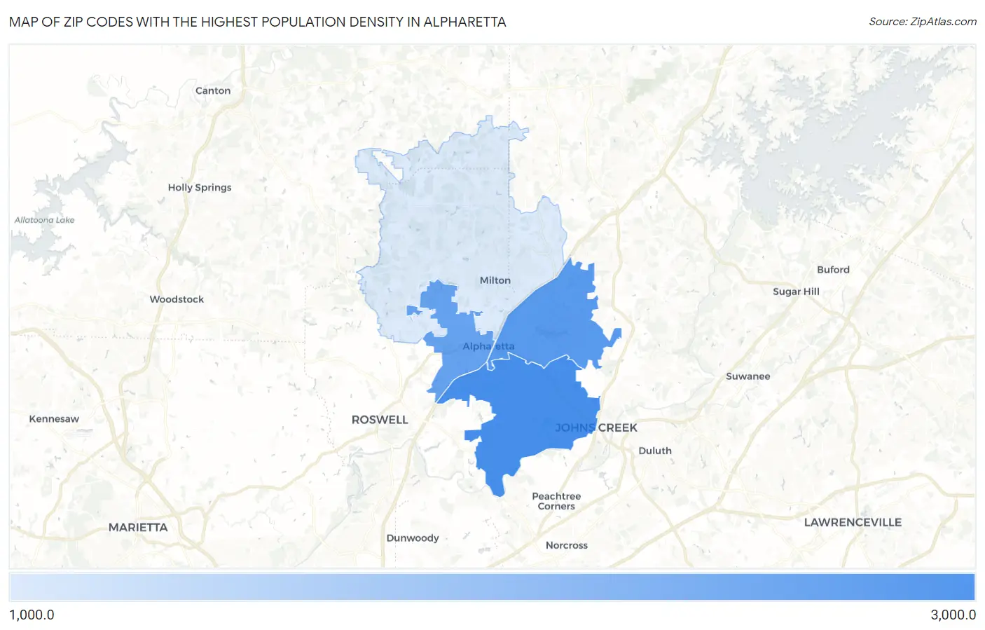 Zip Codes with the Highest Population Density in Alpharetta Map