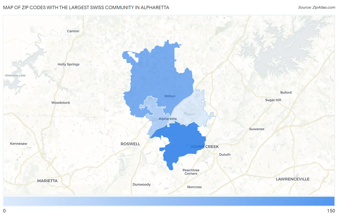 Zip Codes with the Largest Swiss Community in Alpharetta Map
