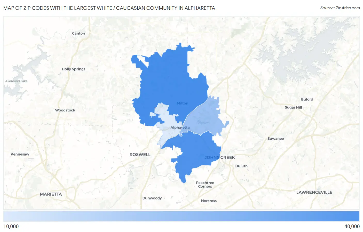 Zip Codes with the Largest White / Caucasian Community in Alpharetta Map