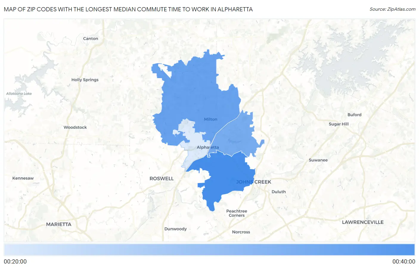 Zip Codes with the Longest Median Commute Time to Work in Alpharetta Map