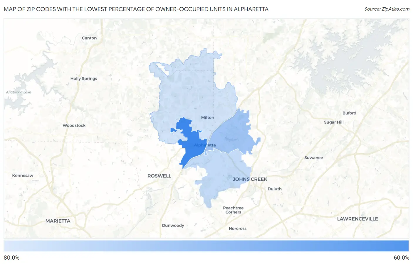 Zip Codes with the Lowest Percentage of Owner-Occupied Units in Alpharetta Map