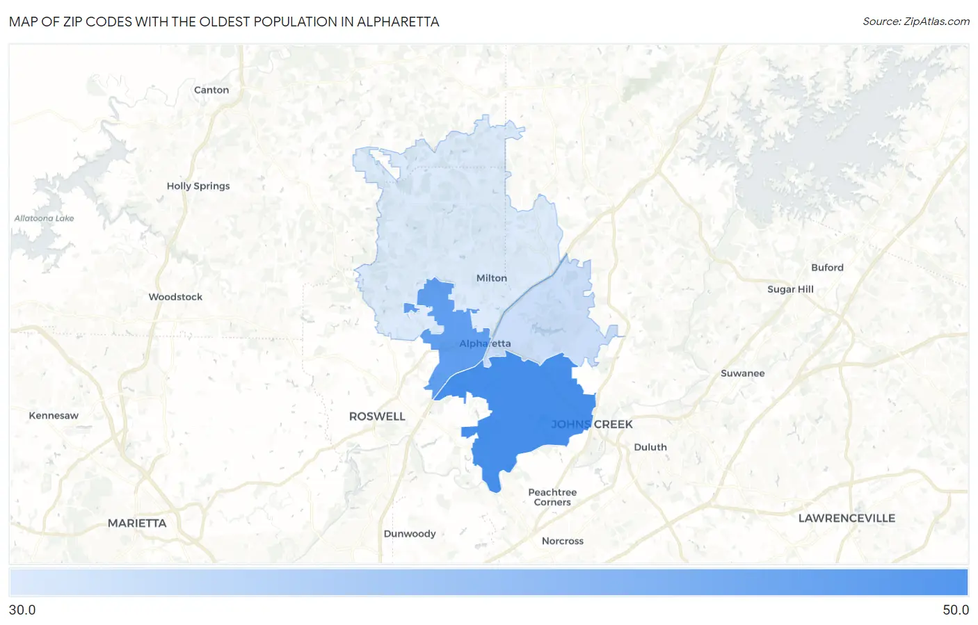 Zip Codes with the Oldest Population in Alpharetta Map