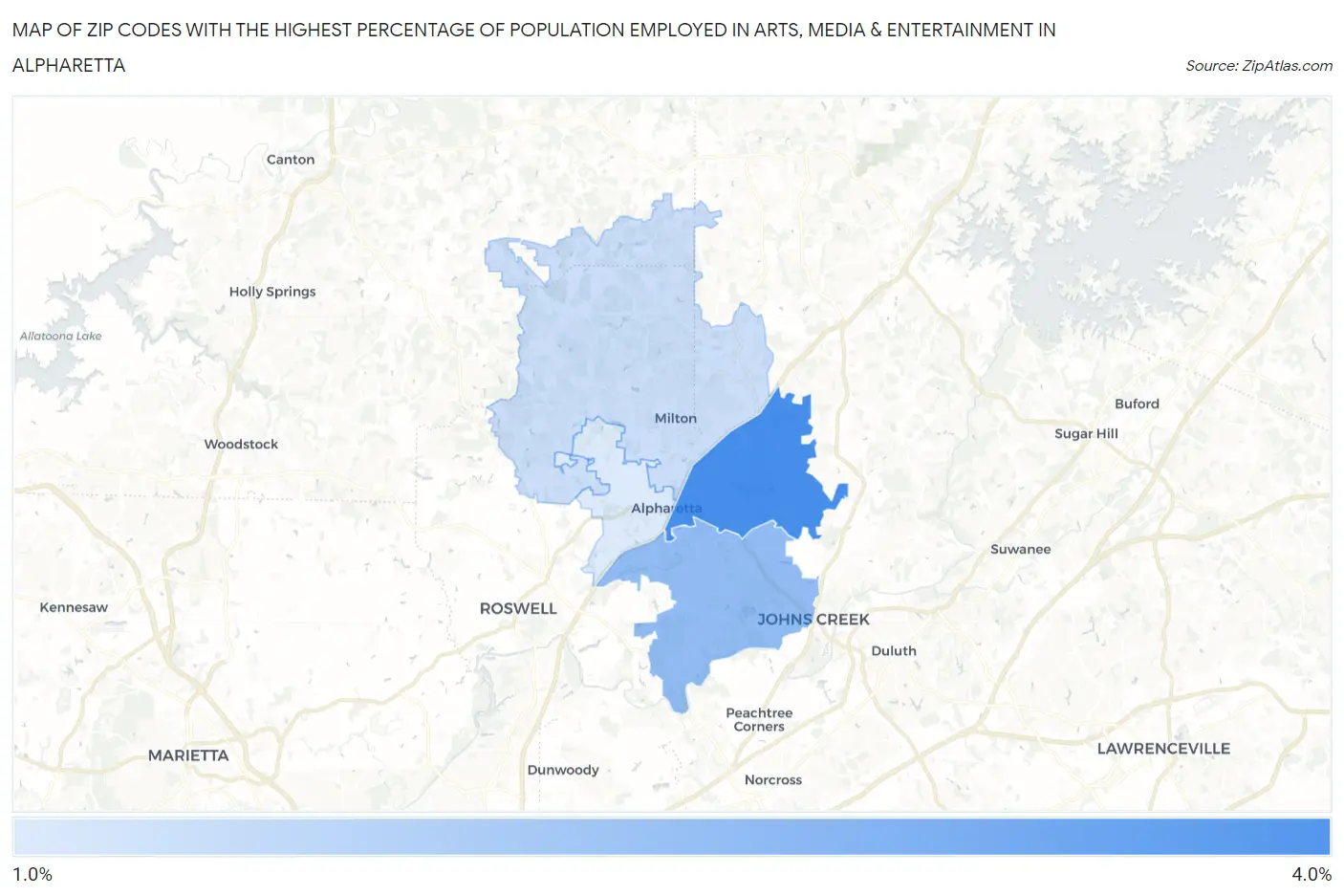 Zip Codes with the Highest Percentage of Population Employed in Arts, Media & Entertainment in Alpharetta Map