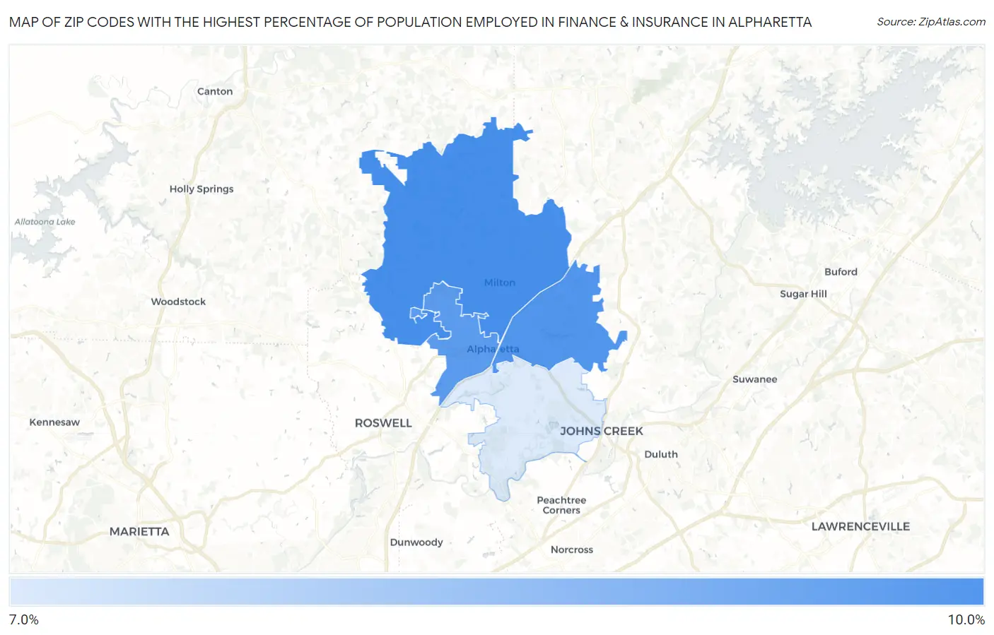Zip Codes with the Highest Percentage of Population Employed in Finance & Insurance in Alpharetta Map