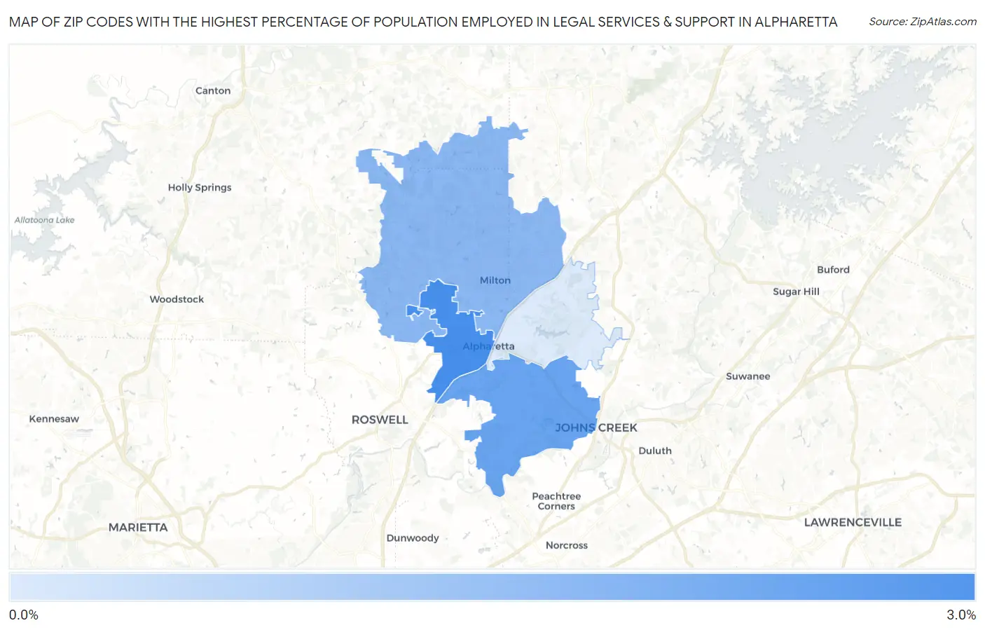 Zip Codes with the Highest Percentage of Population Employed in Legal Services & Support in Alpharetta Map