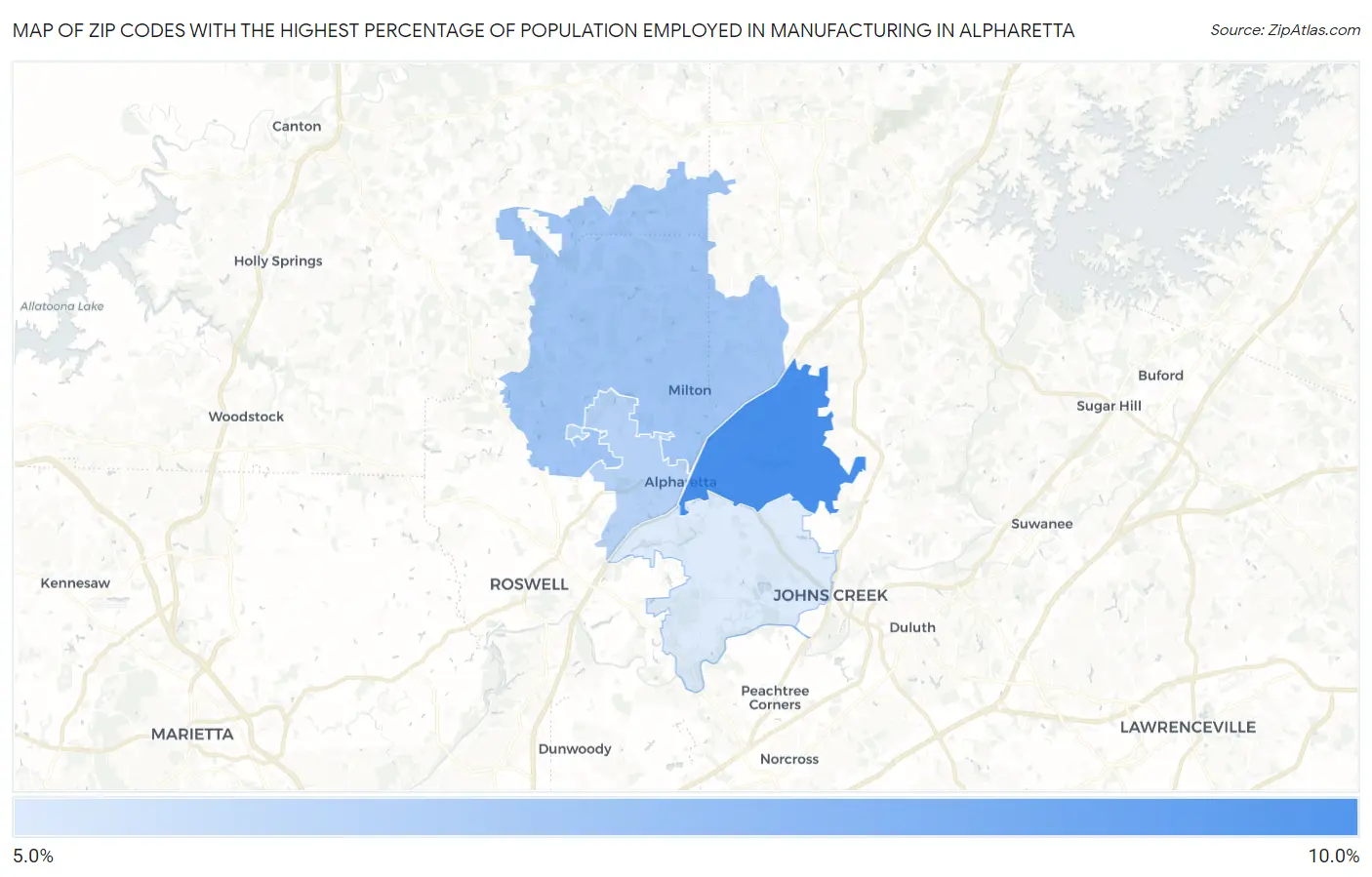Zip Codes with the Highest Percentage of Population Employed in Manufacturing in Alpharetta Map