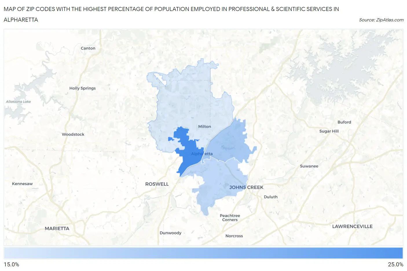 Zip Codes with the Highest Percentage of Population Employed in Professional & Scientific Services in Alpharetta Map