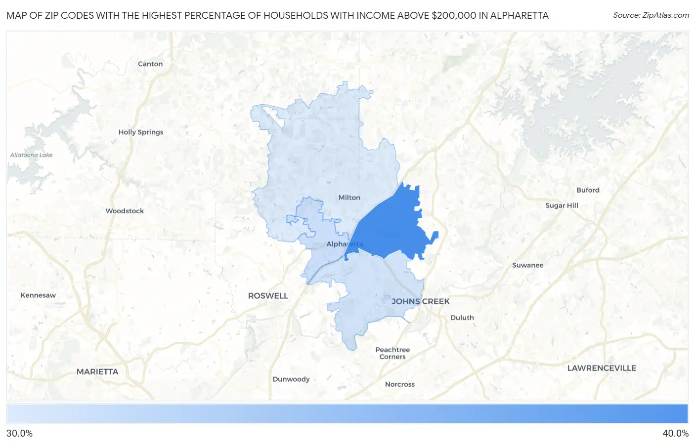 Zip Codes with the Highest Percentage of Households with Income Above $200,000 in Alpharetta Map