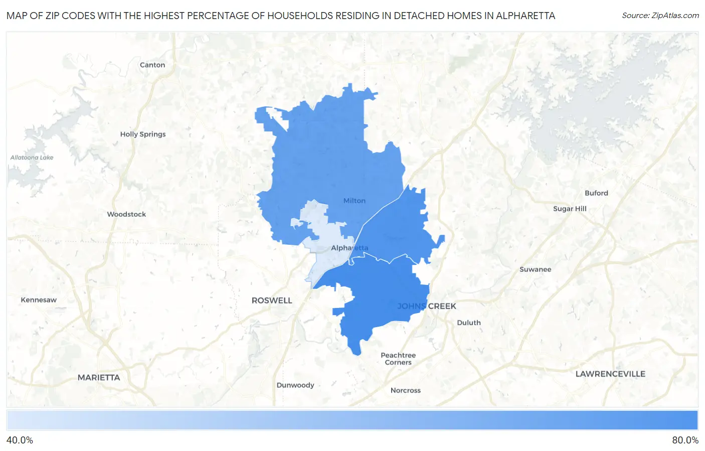 Zip Codes with the Highest Percentage of Households Residing in Detached Homes in Alpharetta Map