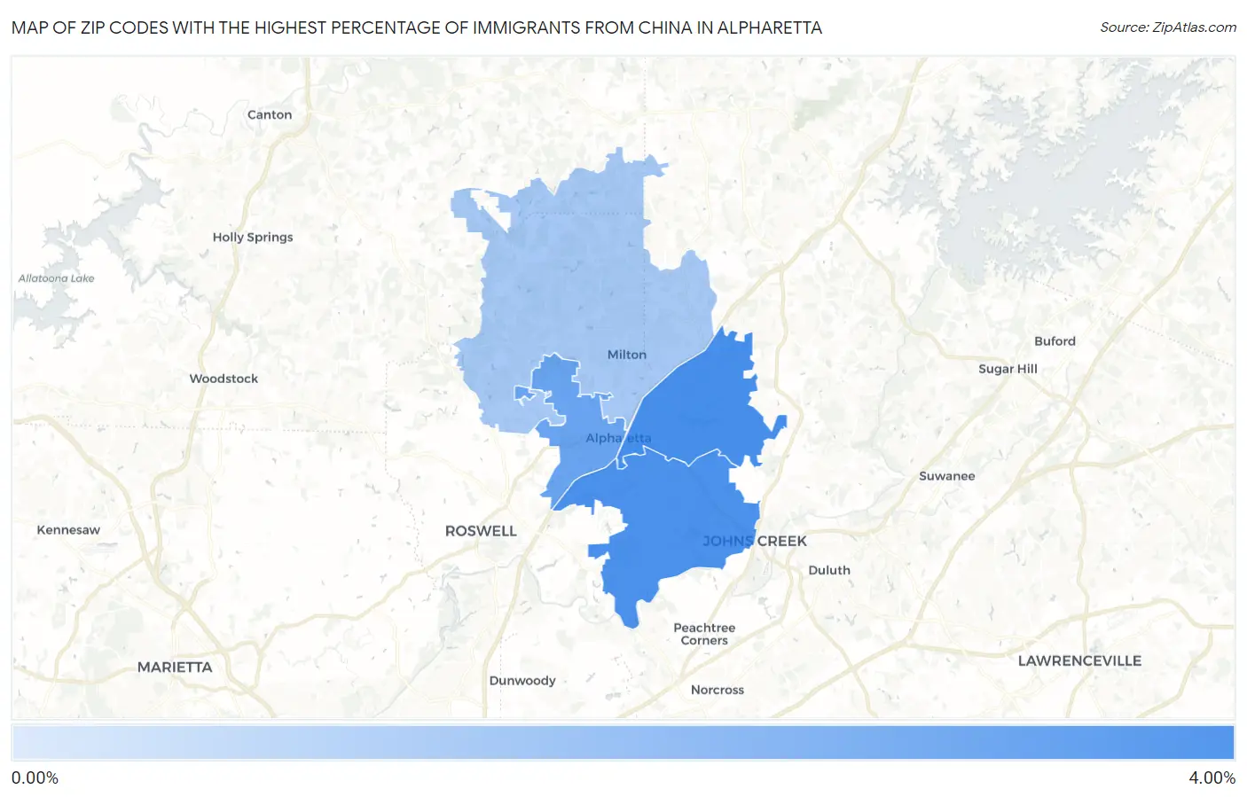Zip Codes with the Highest Percentage of Immigrants from China in Alpharetta Map