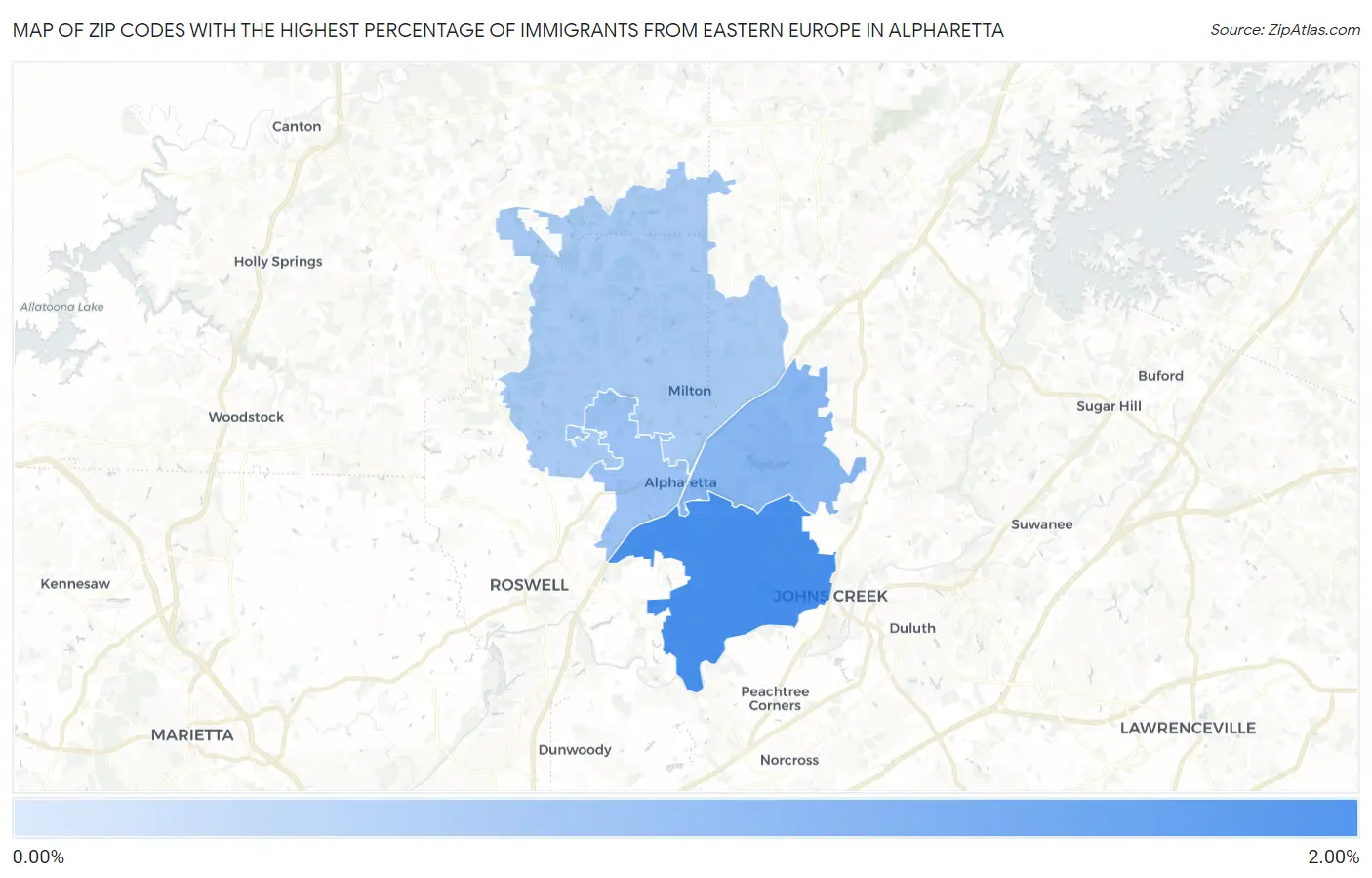Zip Codes with the Highest Percentage of Immigrants from Eastern Europe in Alpharetta Map