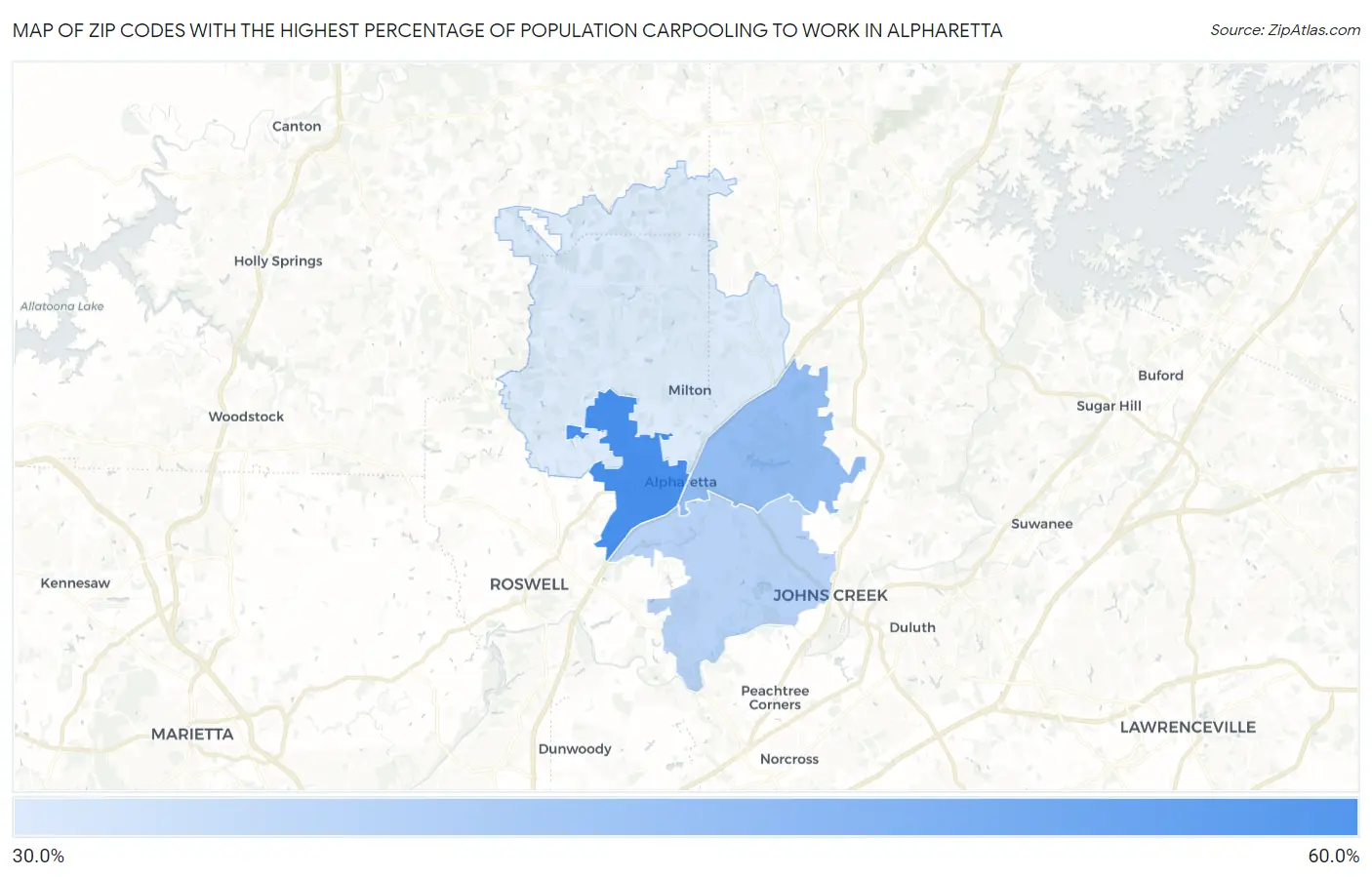 Zip Codes with the Highest Percentage of Population Carpooling to Work in Alpharetta Map