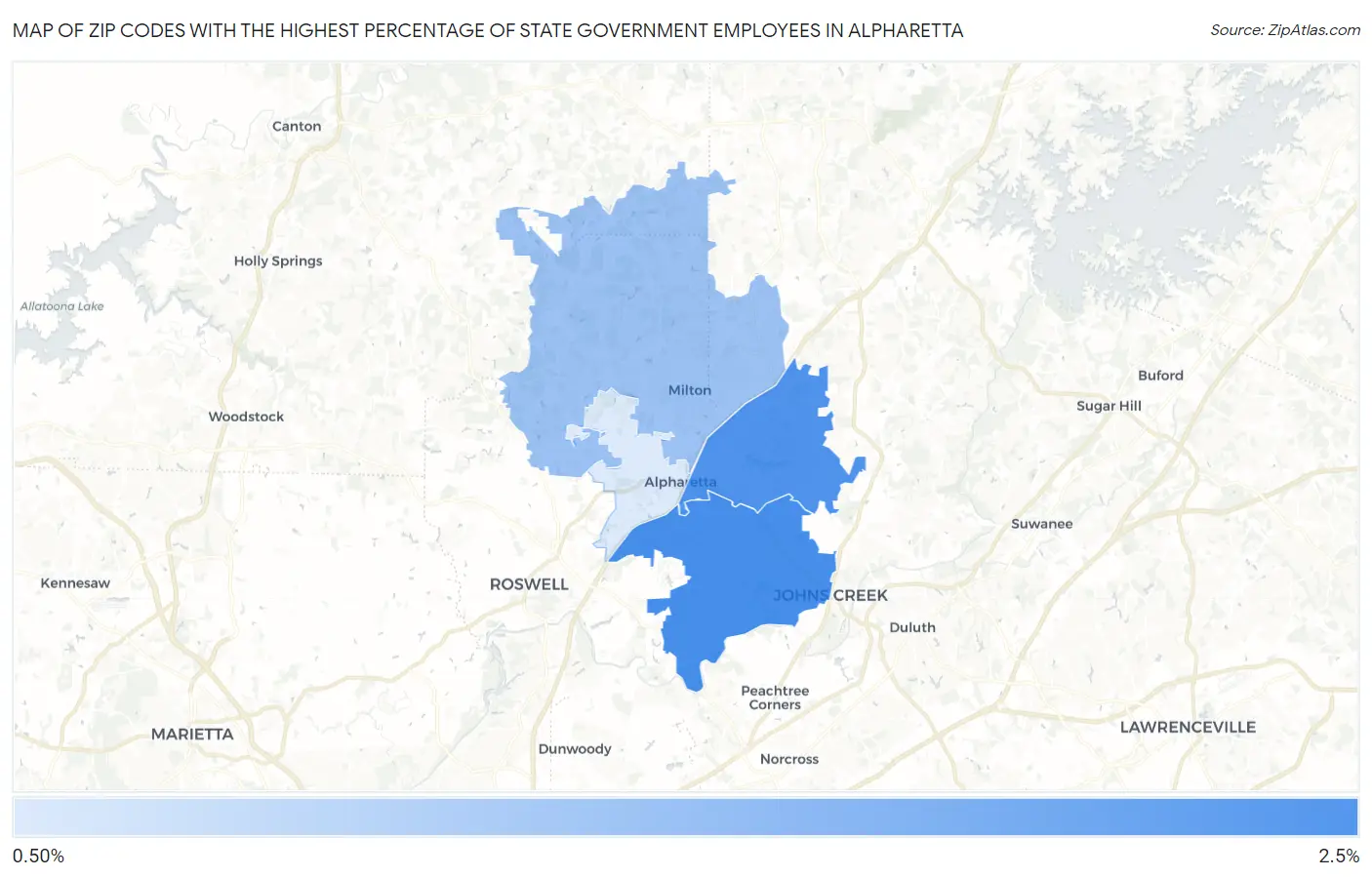 Zip Codes with the Highest Percentage of State Government Employees in Alpharetta Map