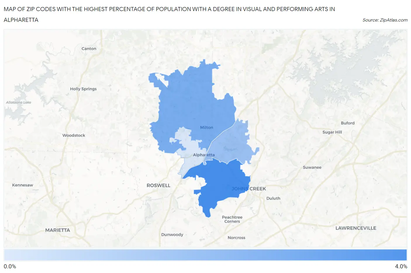 Zip Codes with the Highest Percentage of Population with a Degree in Visual and Performing Arts in Alpharetta Map