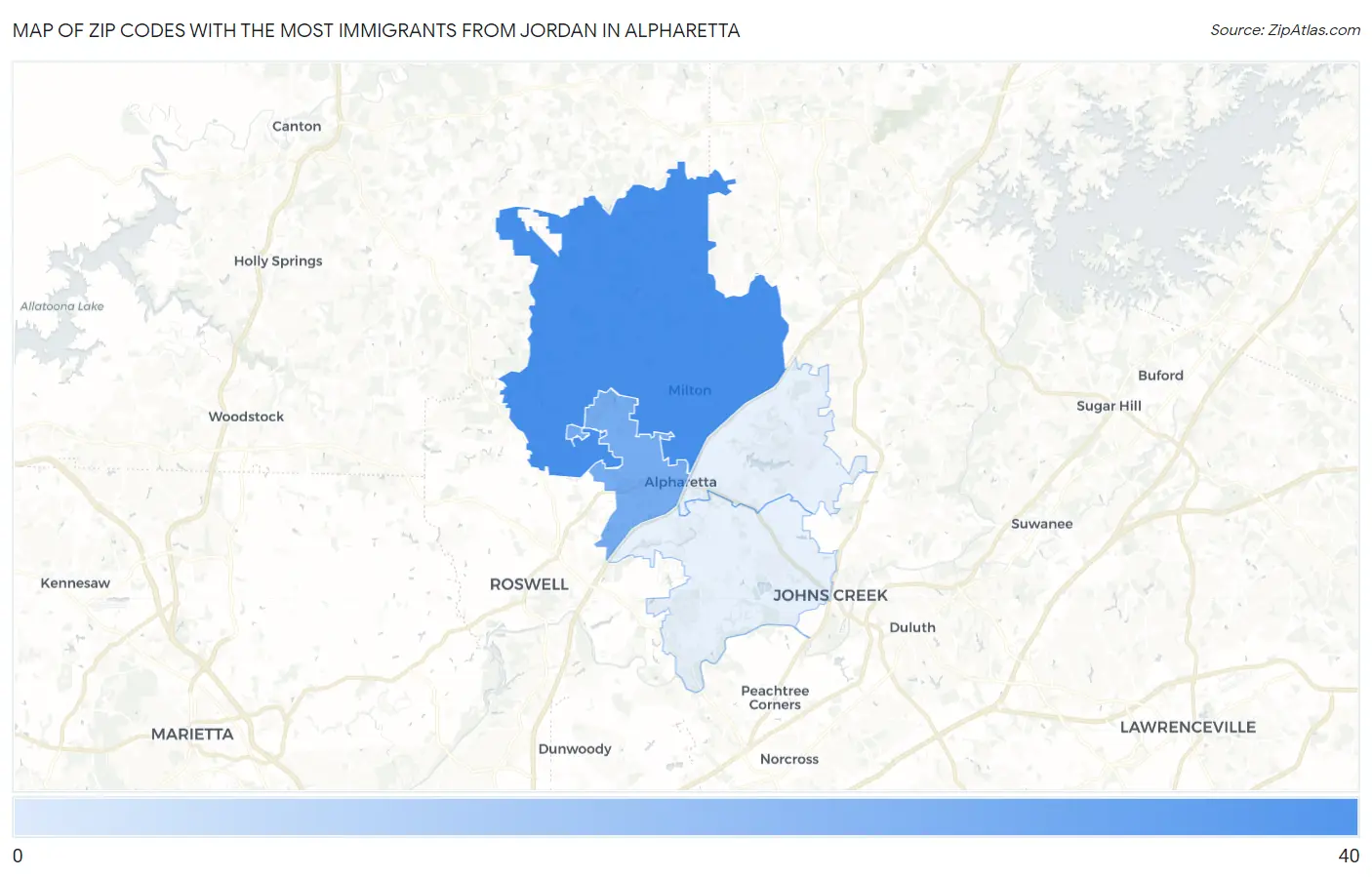 Zip Codes with the Most Immigrants from Jordan in Alpharetta Map