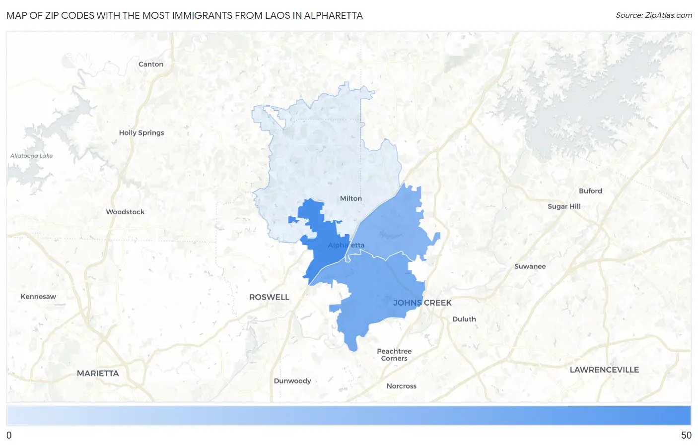Zip Codes with the Most Immigrants from Laos in Alpharetta Map