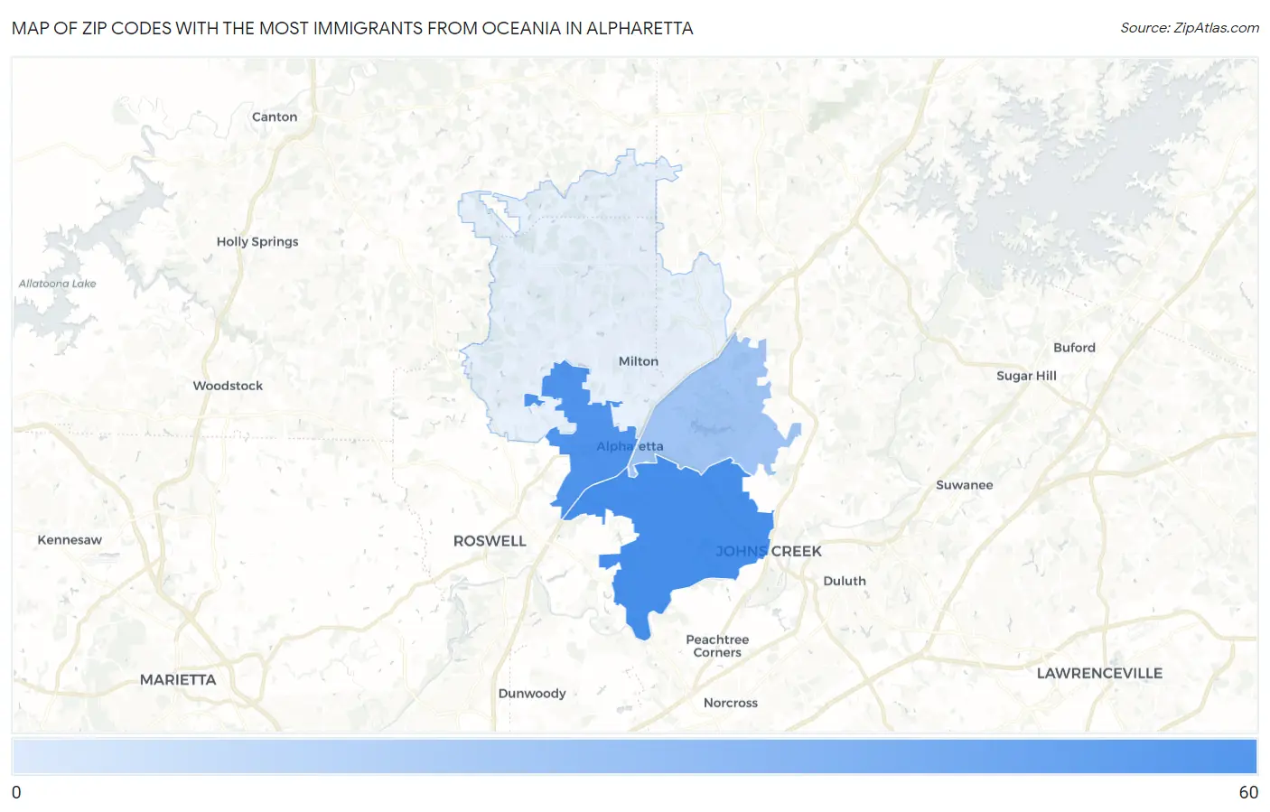 Zip Codes with the Most Immigrants from Oceania in Alpharetta Map