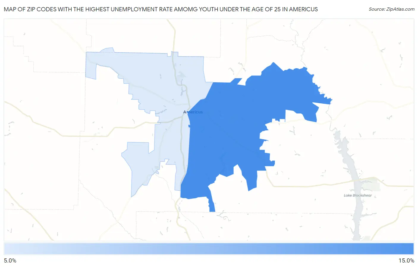 Zip Codes with the Highest Unemployment Rate Amomg Youth Under the Age of 25 in Americus Map