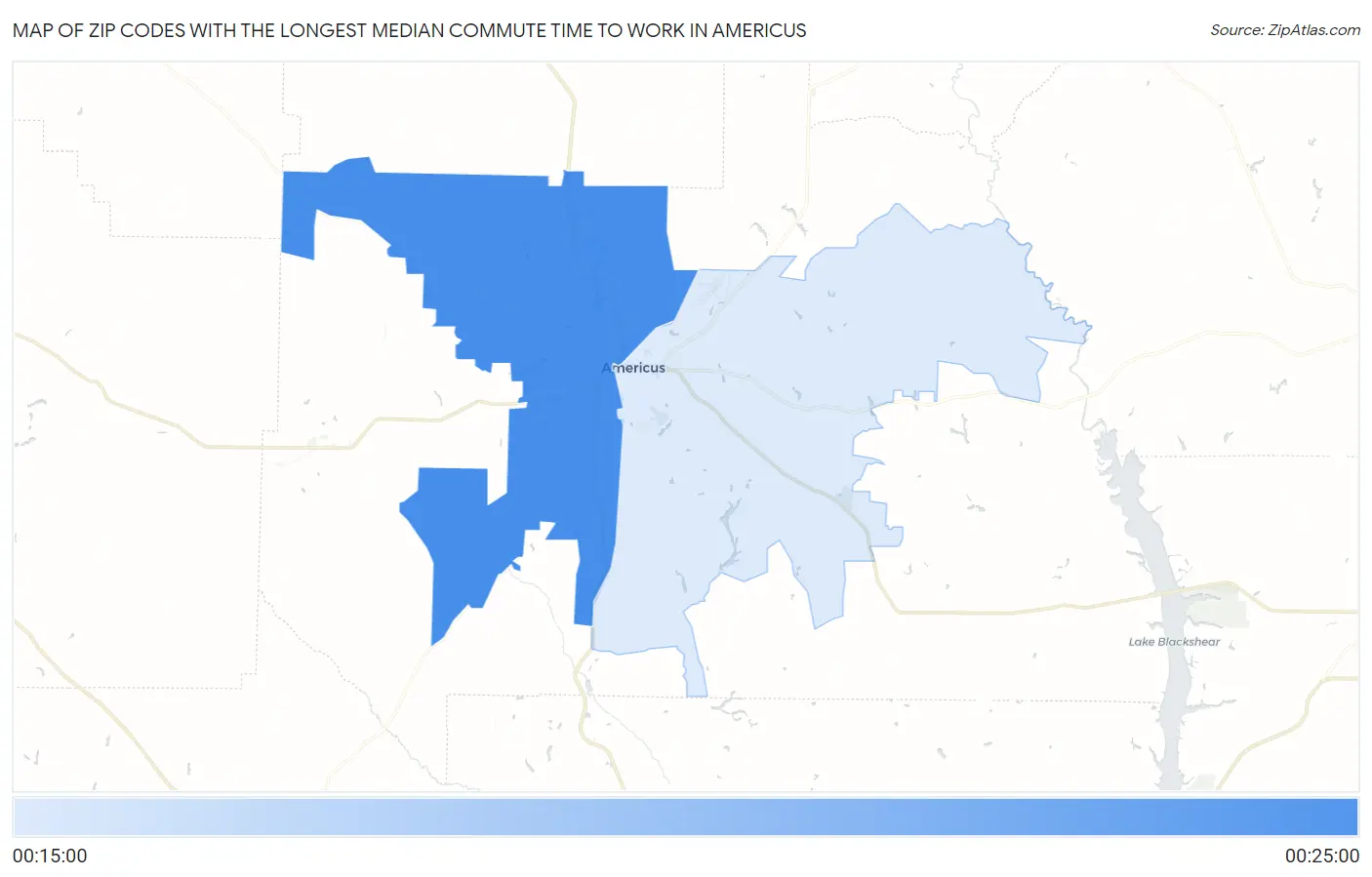 Zip Codes with the Longest Median Commute Time to Work in Americus Map