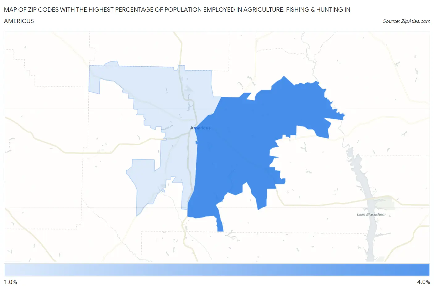 Zip Codes with the Highest Percentage of Population Employed in Agriculture, Fishing & Hunting in Americus Map