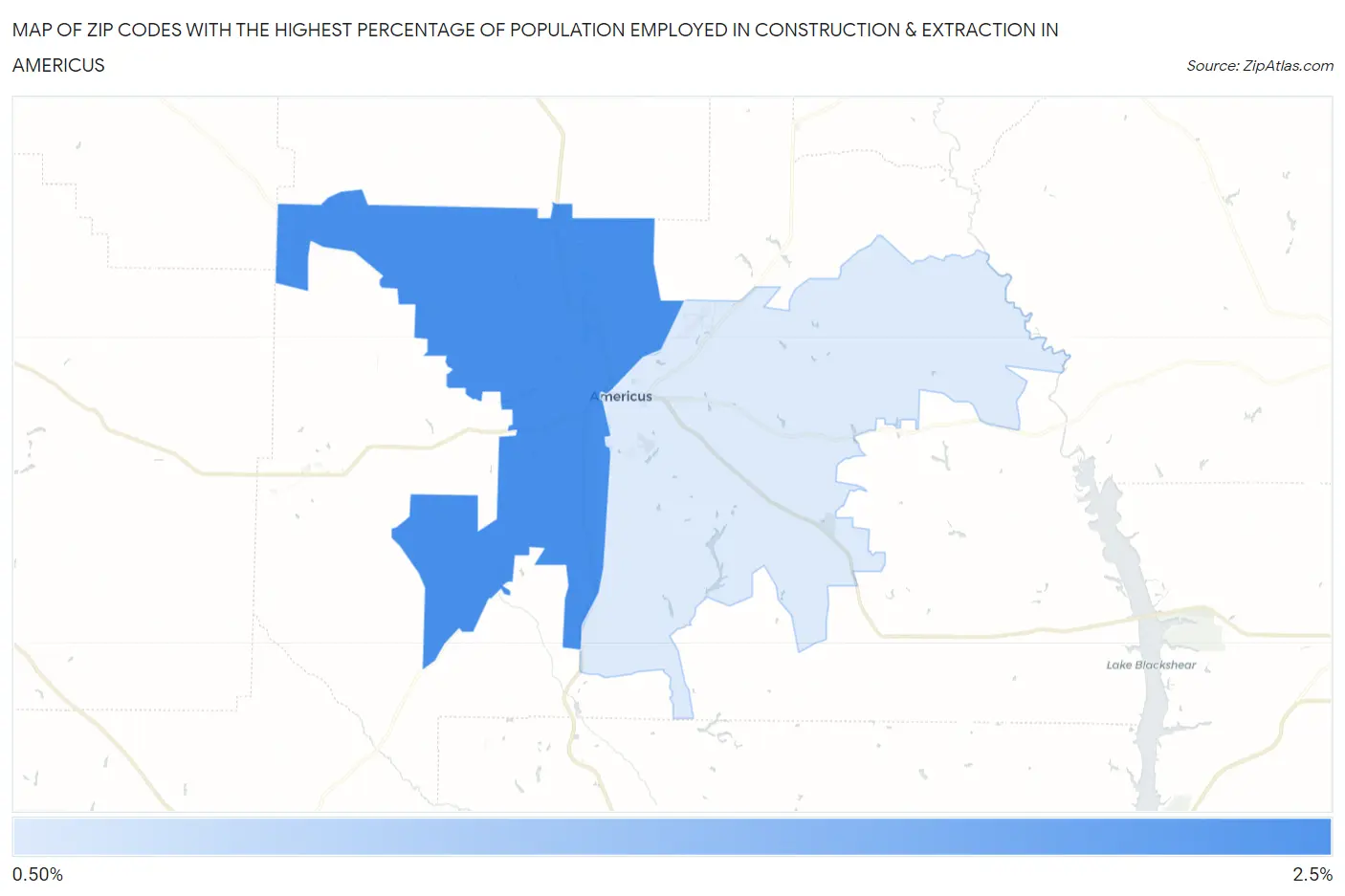 Zip Codes with the Highest Percentage of Population Employed in Construction & Extraction in Americus Map