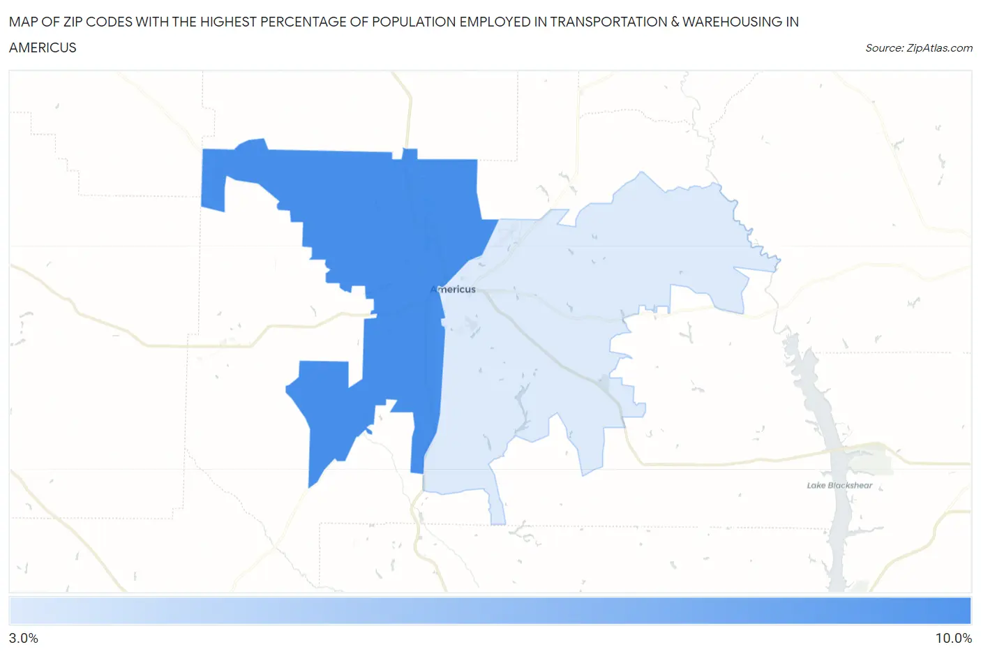 Zip Codes with the Highest Percentage of Population Employed in Transportation & Warehousing in Americus Map