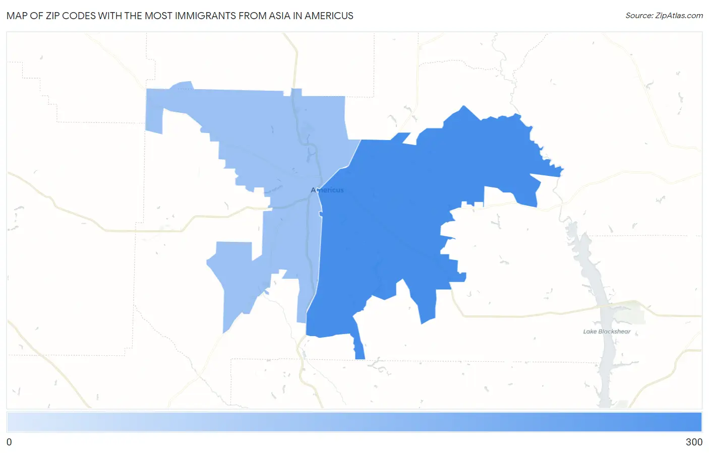 Zip Codes with the Most Immigrants from Asia in Americus Map