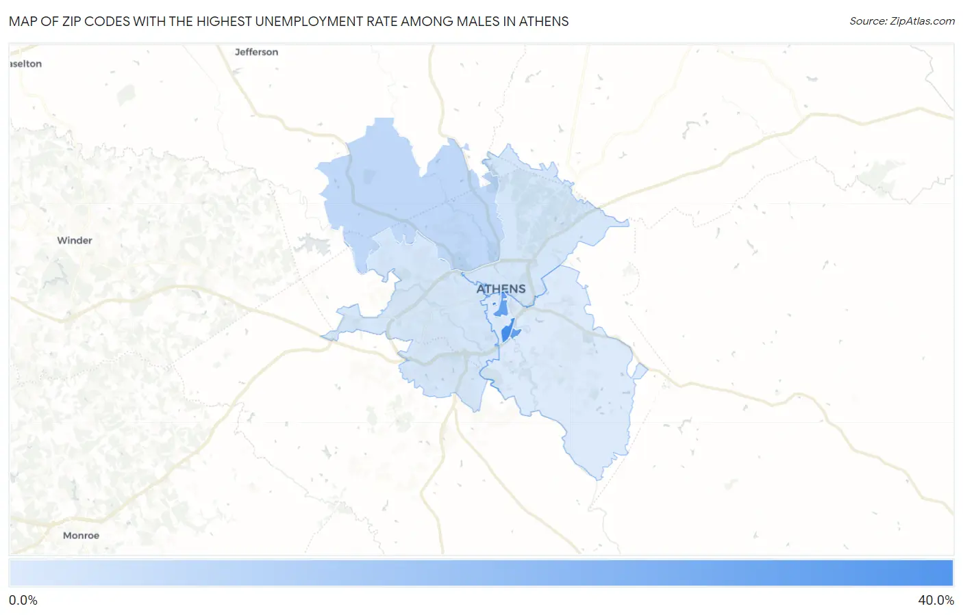 Zip Codes with the Highest Unemployment Rate Among Males in Athens Map
