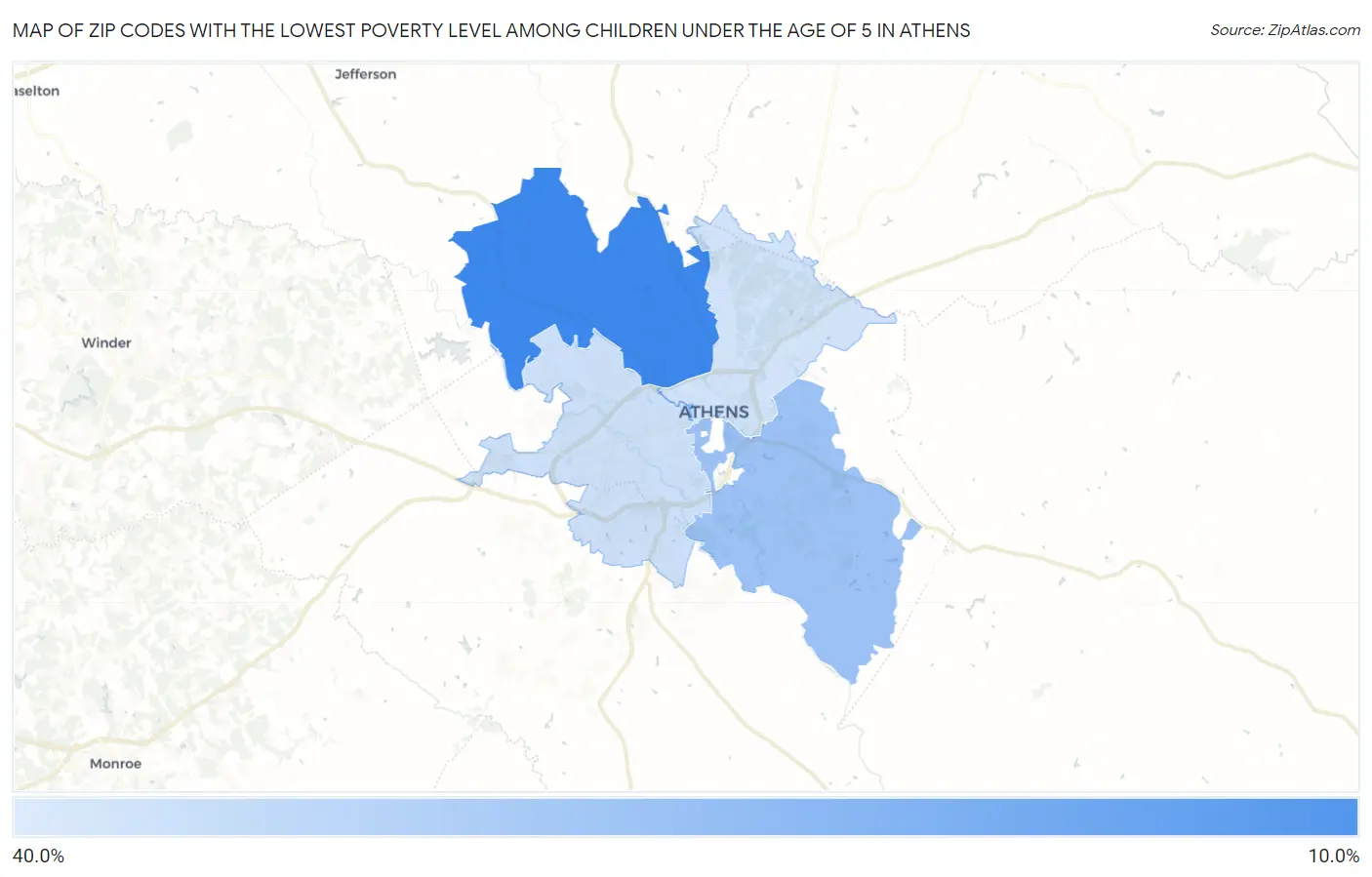 Zip Codes with the Lowest Poverty Level Among Children Under the Age of 5 in Athens Map