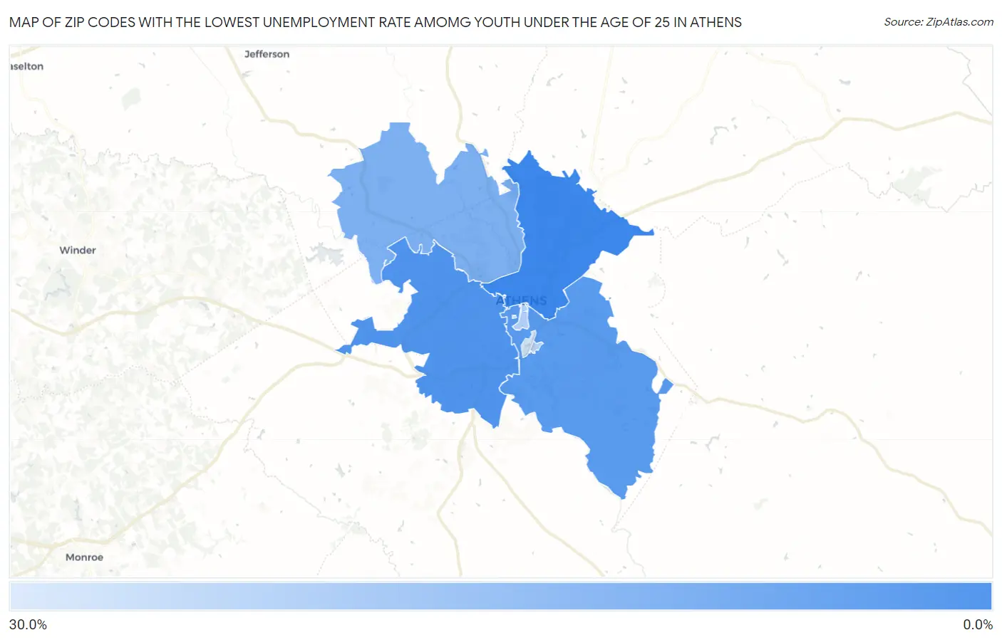 Zip Codes with the Lowest Unemployment Rate Amomg Youth Under the Age of 25 in Athens Map