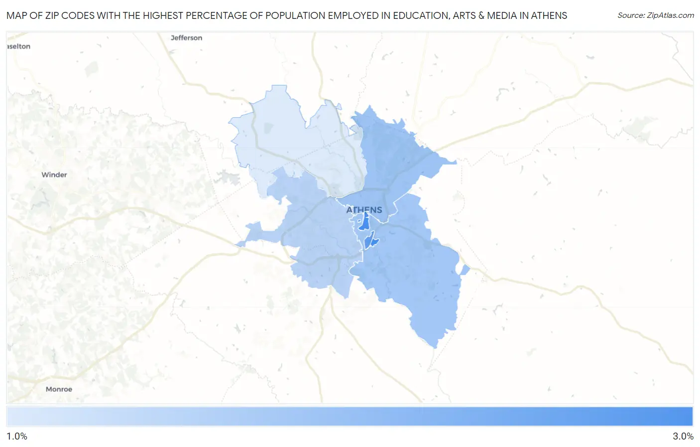 Zip Codes with the Highest Percentage of Population Employed in Education, Arts & Media in Athens Map