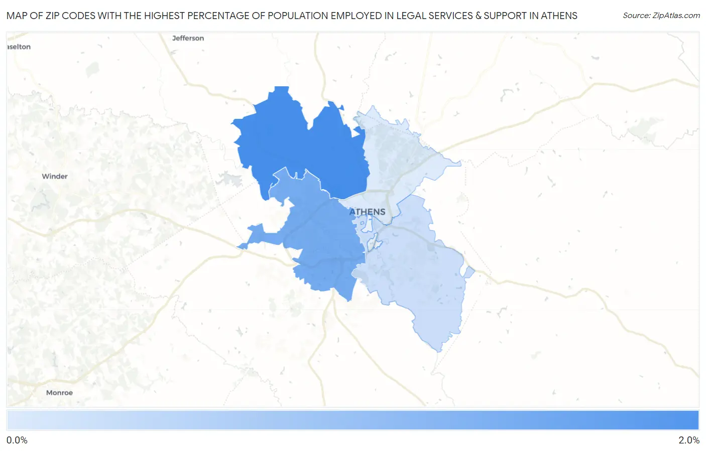 Zip Codes with the Highest Percentage of Population Employed in Legal Services & Support in Athens Map