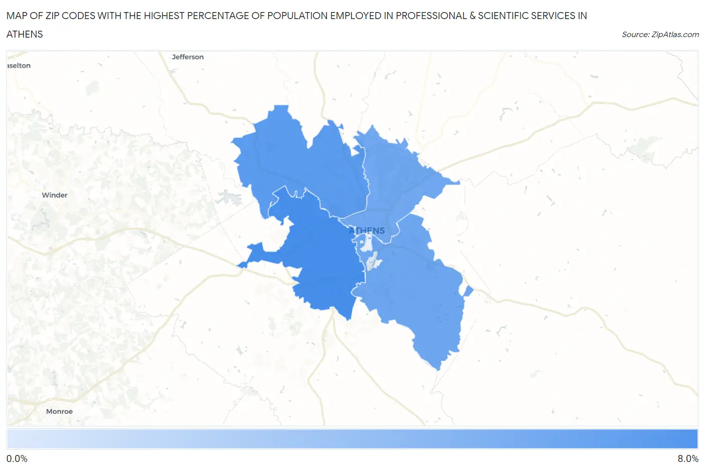 Zip Codes with the Highest Percentage of Population Employed in Professional & Scientific Services in Athens Map