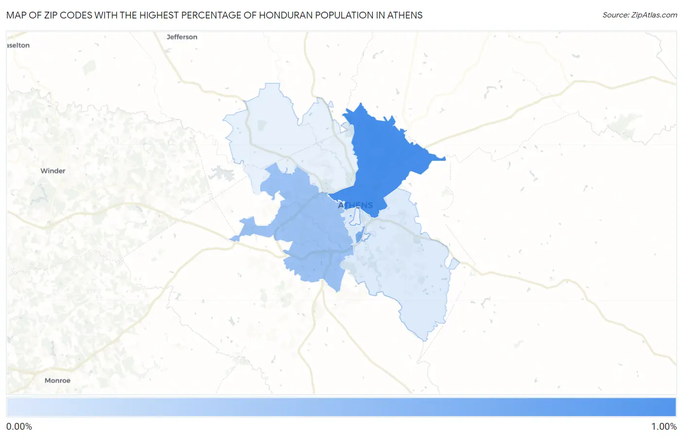 Zip Codes with the Highest Percentage of Honduran Population in Athens Map