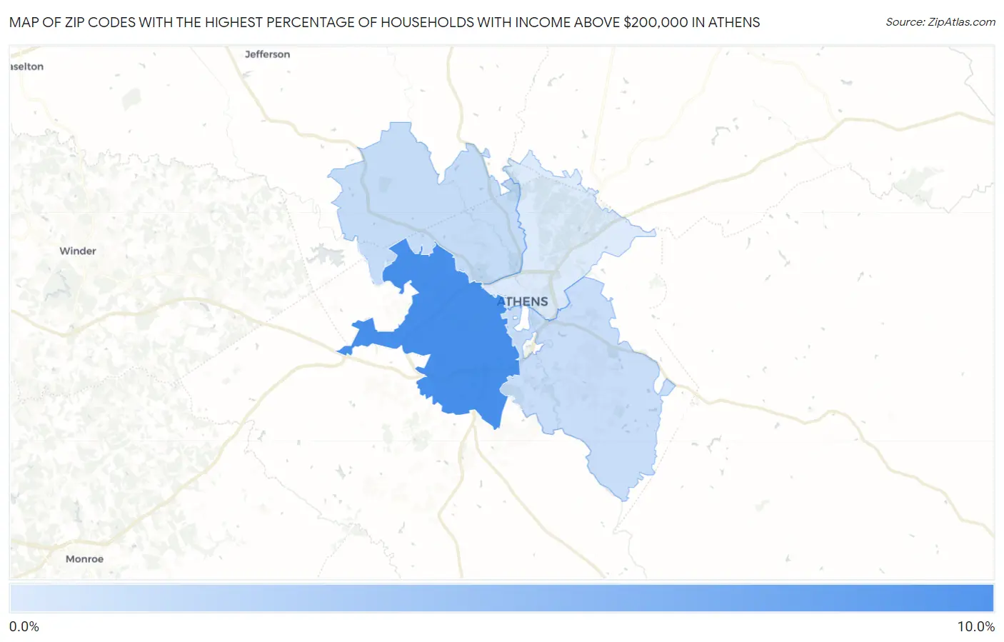 Zip Codes with the Highest Percentage of Households with Income Above $200,000 in Athens Map