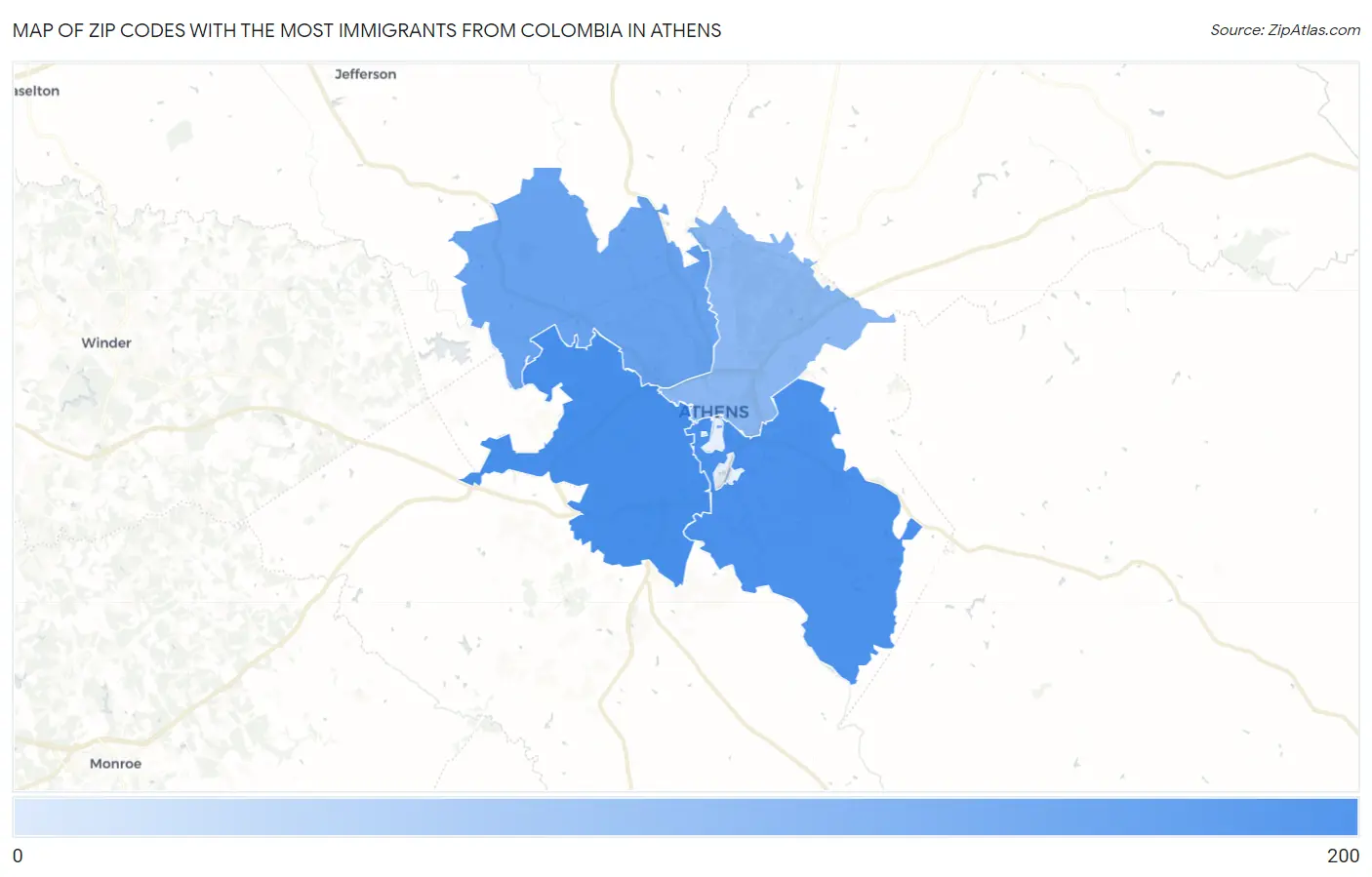 Zip Codes with the Most Immigrants from Colombia in Athens Map