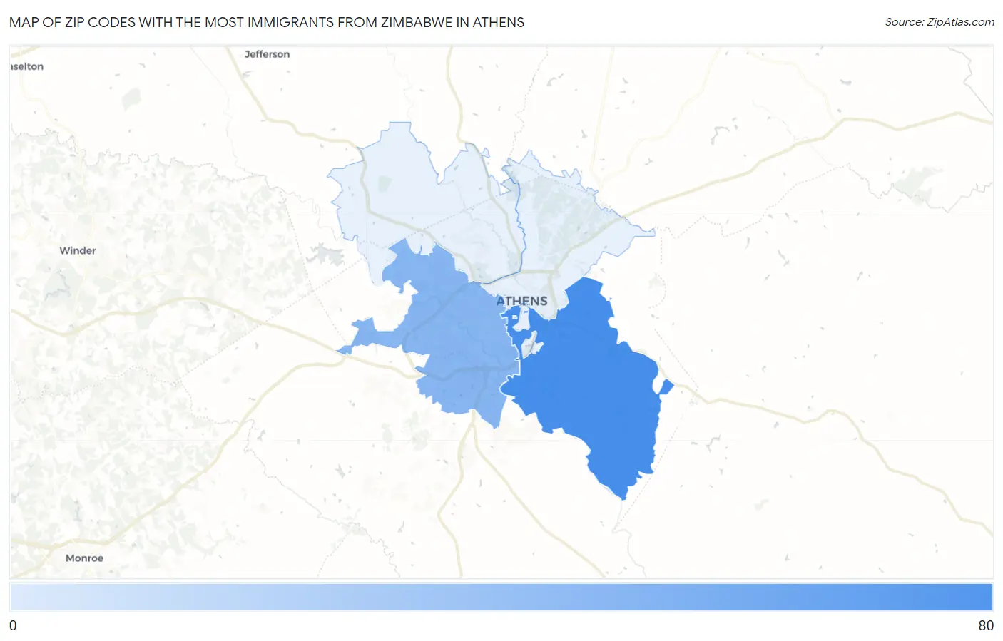 Zip Codes with the Most Immigrants from Zimbabwe in Athens Map