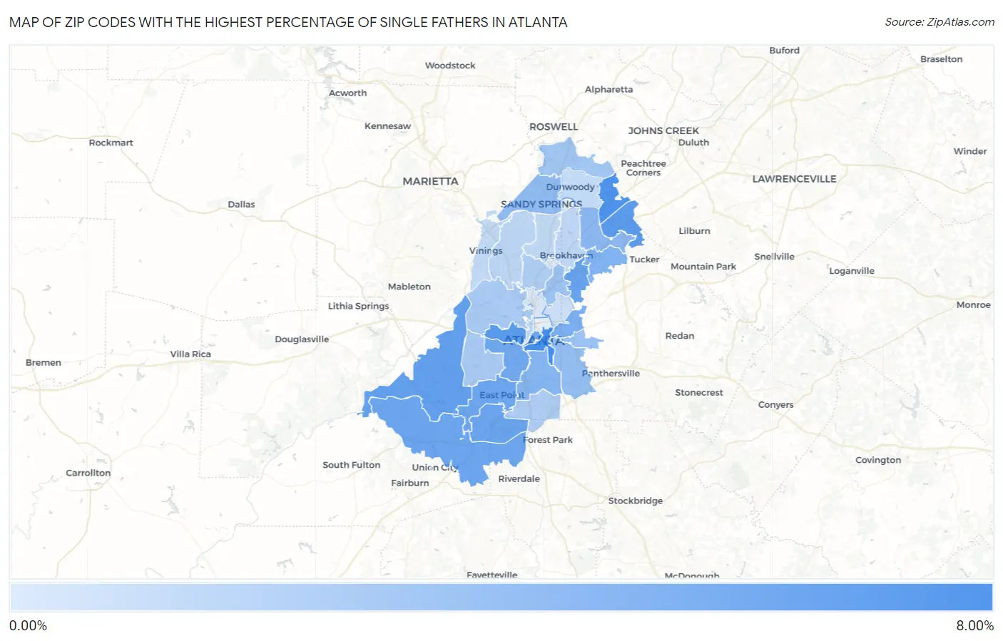 Zip Codes with the Highest Percentage of Single Fathers in Atlanta Map