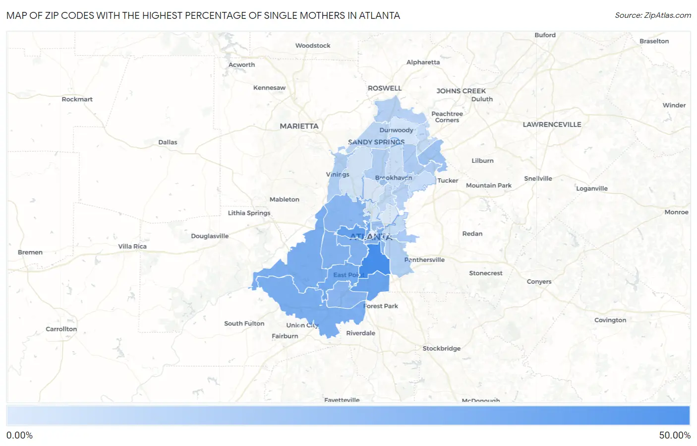 Zip Codes with the Highest Percentage of Single Mothers in Atlanta Map