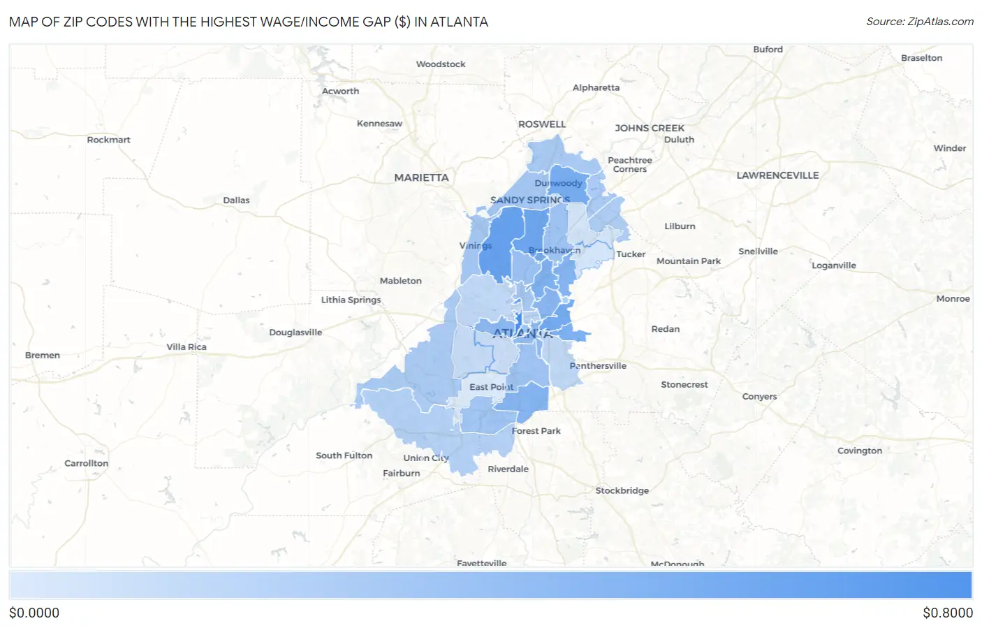 Zip Codes with the Highest Wage/Income Gap ($) in Atlanta Map