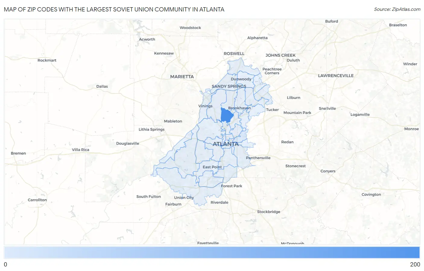 Zip Codes with the Largest Soviet Union Community in Atlanta Map