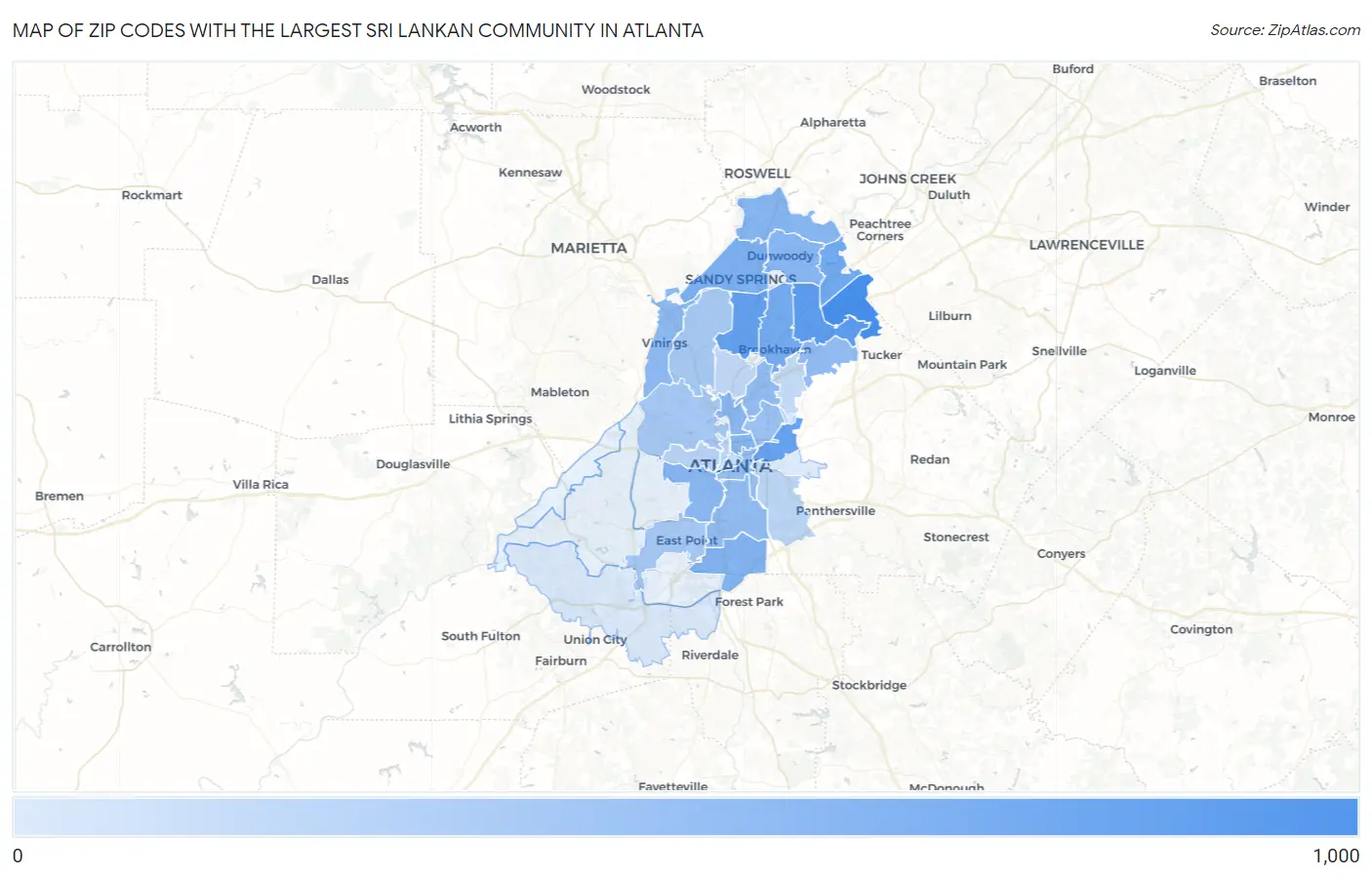 Zip Codes with the Largest Sri Lankan Community in Atlanta Map