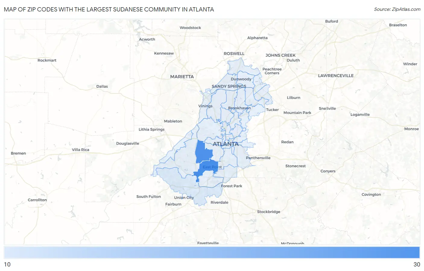 Zip Codes with the Largest Sudanese Community in Atlanta Map