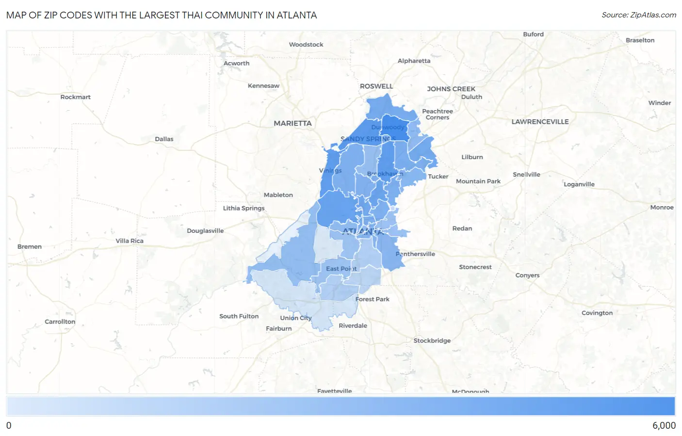 Zip Codes with the Largest Thai Community in Atlanta Map
