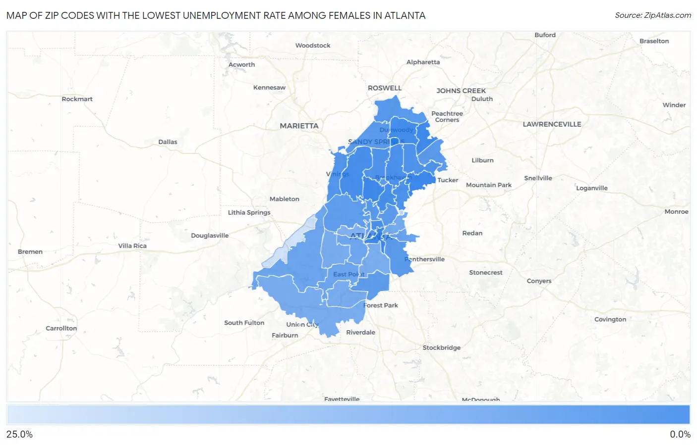 Zip Codes with the Lowest Unemployment Rate Among Females in Atlanta Map