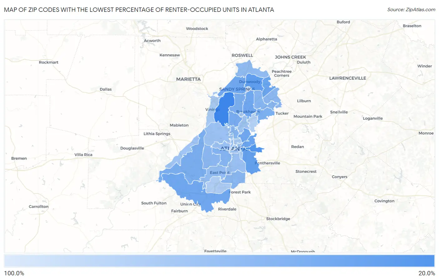 Zip Codes with the Lowest Percentage of Renter-Occupied Units in Atlanta Map