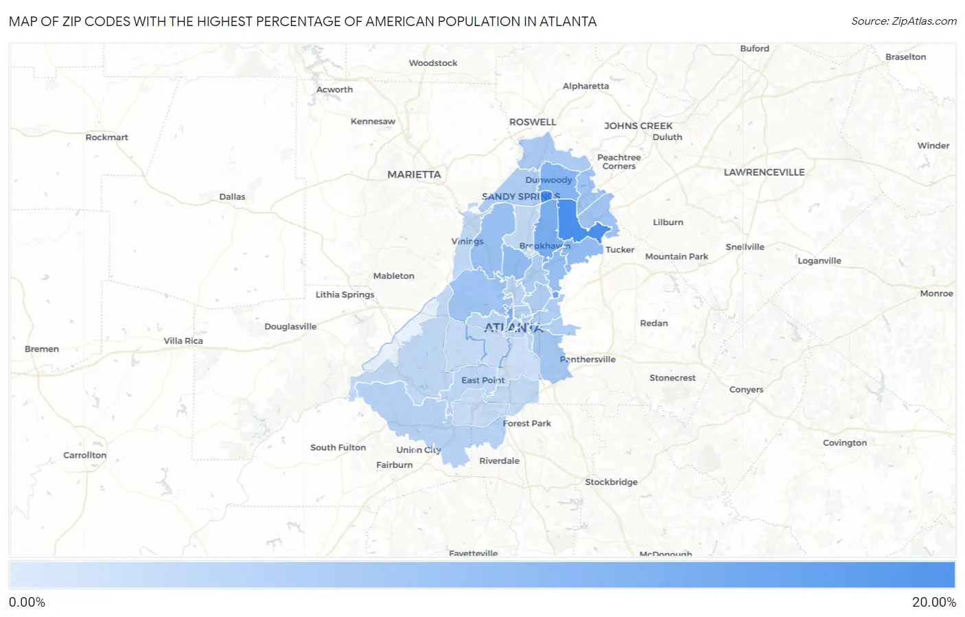 Zip Codes with the Highest Percentage of American Population in Atlanta Map