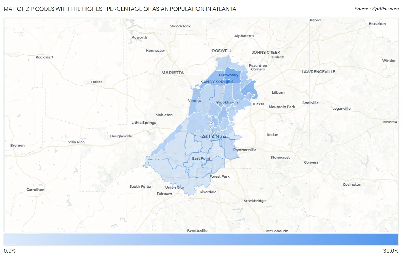 Zip Codes with the Highest Percentage of Asian Population in Atlanta Map